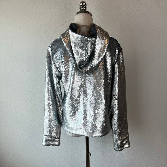 RTA Sequin Hoodie Jacket Silk Lined Kanagroo Pocket size XS Silver - Picture 5 of 16